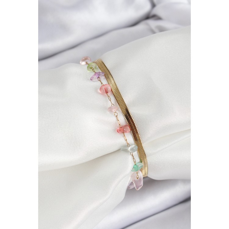 316L Çelik Gold Renk Kristal Karışık Renkli Taşlı Kadın Bileklik - TJ-BB7091