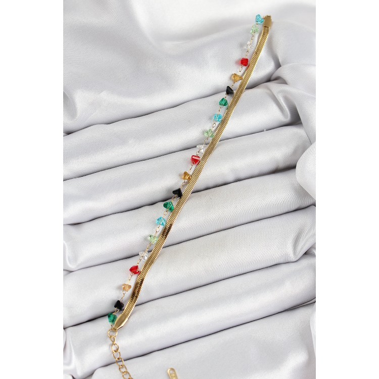 316L Çelik Gold Renk Kristal Karışık Renkli Taşlı 2'li Kadın Bileklik - TJ-BB7092