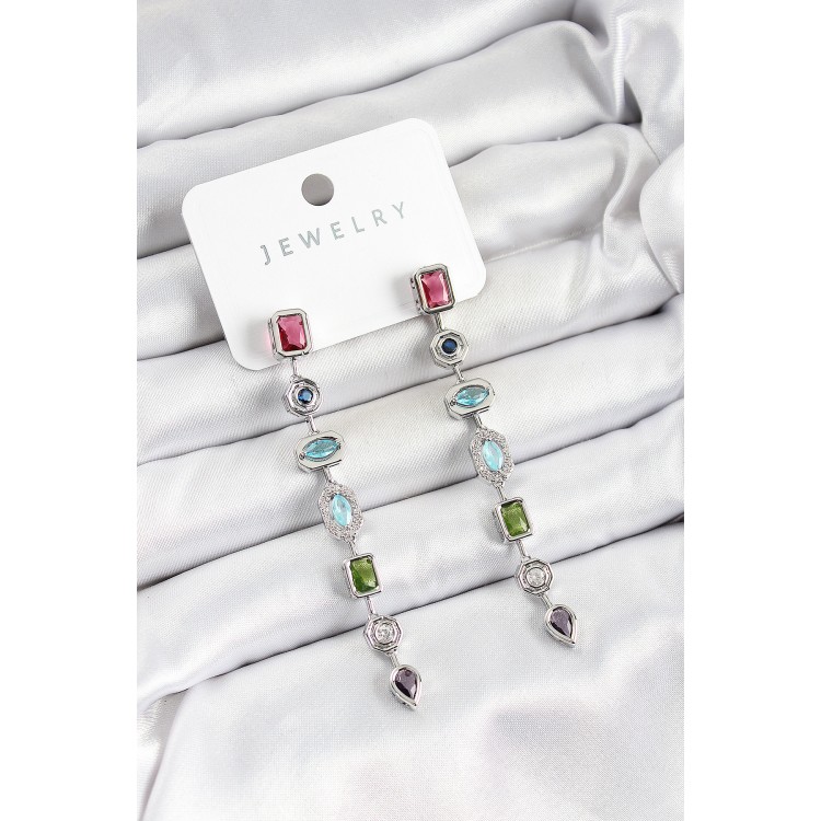 Pirinç Renkli Zirkon Taşlı Sallantılı Model Gümüş Renk Kadın Küpe - TJ-BKP10743