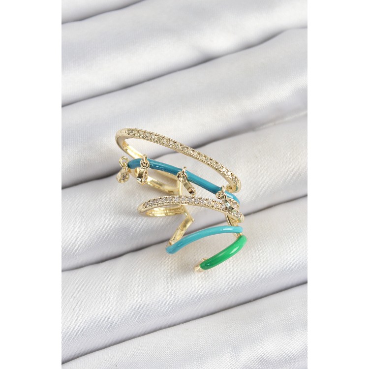 Pirinç Zirkon Taşlı Mavi Yeşil Sıkıştırma Sağ Kıkırdak Gold Renk Kadın Küpe - TJ-BKP10754