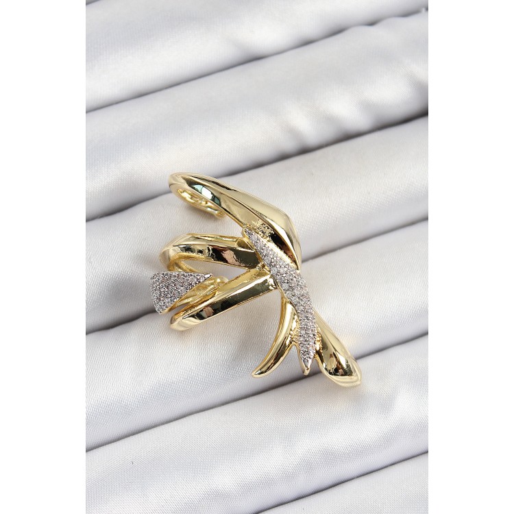 Pirinç Zirkon Taşlı Sıkıştırma Sağ Kıkırdak Gold Renk Kadın Küpe - TJ-BKP10756