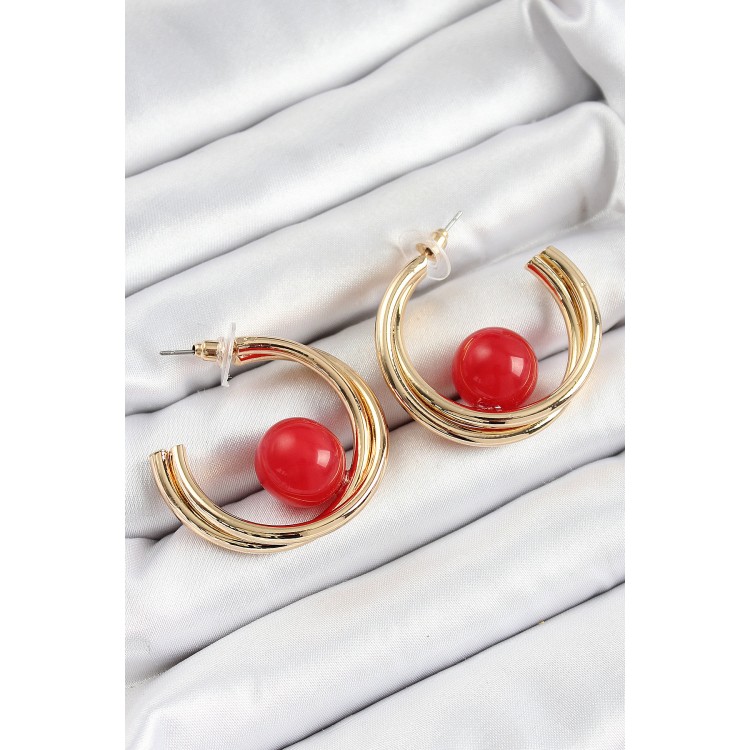 Pirinç Gold Renk Halka Model Kırmızı Boncuk Detay Kadın Küpe - TJ-BKP10366