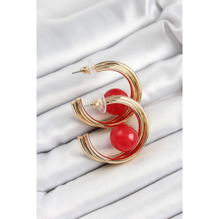 Pirinç Gold Renk Halka Model Kırmızı Boncuk Detay Kadın Küpe - TJ-BKP10366 Pirinç Gold Renk Halka Model Kırmızı Boncuk Detay Kadın Küpe - TJ-BKP10366