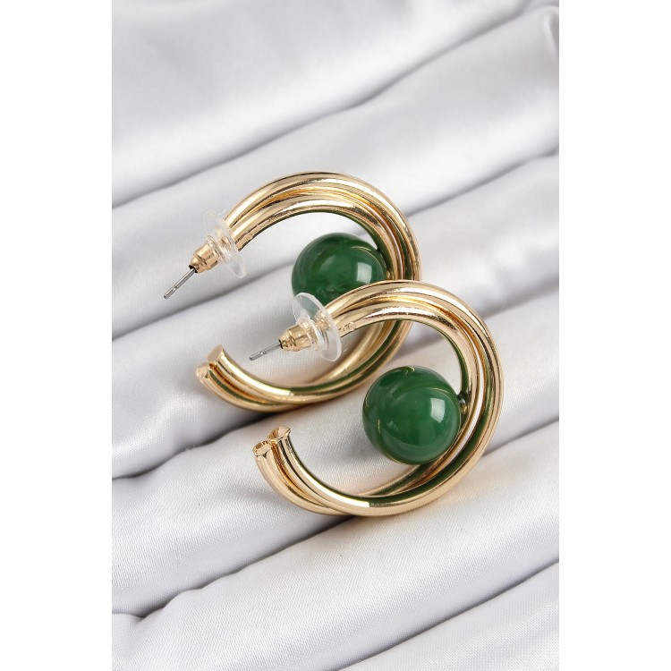 Pirinç Gold Renk Halka Model Yeşil Boncuk Detay Kadın Küpe - TJ-BKP10365 Pirinç Gold Renk Halka Model Yeşil Boncuk Detay Kadın Küpe - TJ-BKP10365