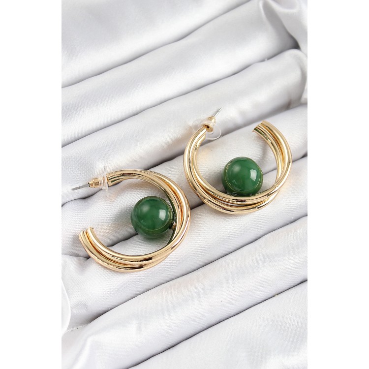 Pirinç Gold Renk Halka Model Yeşil Boncuk Detay Kadın Küpe - TJ-BKP10365