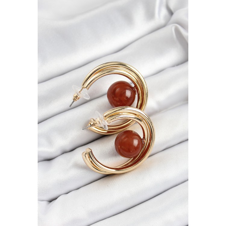 Pirinç Gold Renk Halka Model Kahverengi Boncuk Detay Kadın Küpe - TJ-BKP10364 Pirinç Gold Renk Halka Model Kahverengi Boncuk Detay Kadın Küpe - TJ-BKP10364