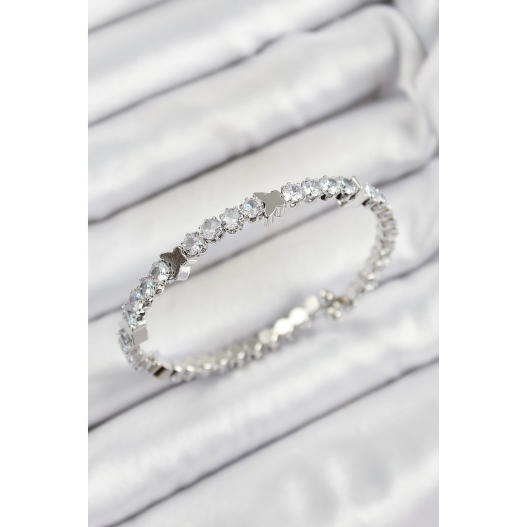 Pirinç Zirkon Taşlı Kalp Model Gümüş Renk Yaylı Kadın Bileklik - TJ-BB7220