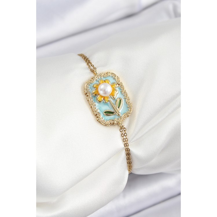316L Çelik Zincir Turkuaz Mineli Sanatsal Portre İnci Detaylı Papatya Model Gold Renk Kadın Bileklik - TJ-BB7230