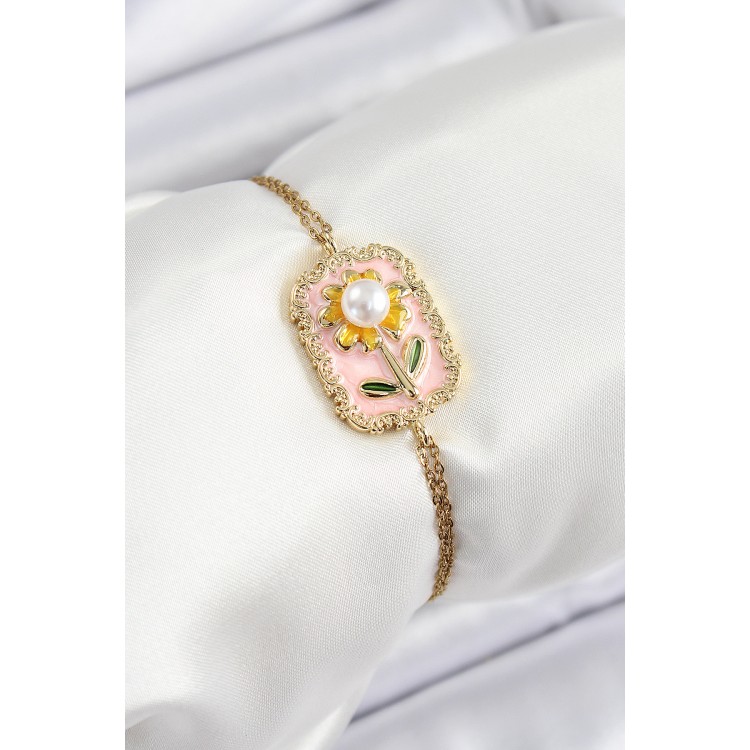 316L Çelik Zincir Pembe Mineli Sanatsal Portre İnci Detaylı Papatya Model Gold Renk Kadın Bileklik - TJ-BB7232