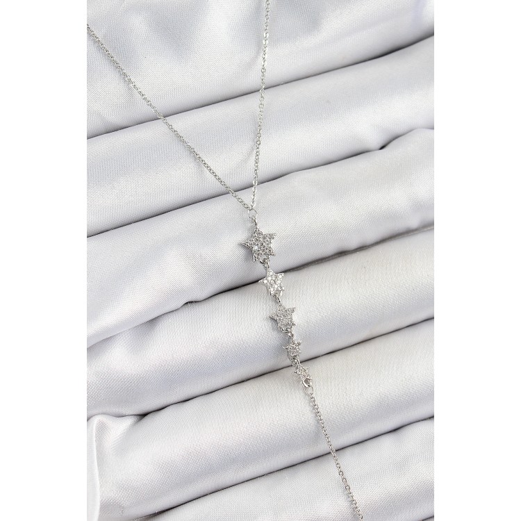 Pirinç Zirkon Taşlı Sıralı Yıldız Figürlü Y Model Gümüş Renk Kadın Kolye - TJ-BKO10313