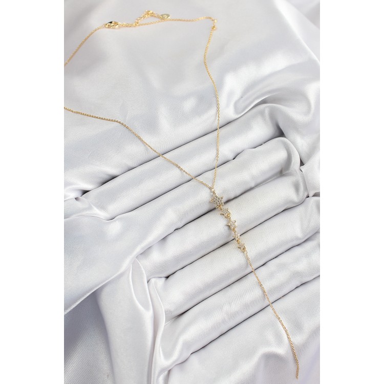 Pirinç Zirkon Taşlı Sıralı Yıldız Figürlü Y Model Gold Renk Kadın Kolye - TJ-BKO10314