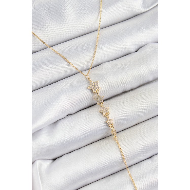 Pirinç Zirkon Taşlı Sıralı Yıldız Figürlü Y Model Gold Renk Kadın Kolye - TJ-BKO10314