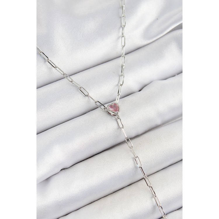 Pirinç Zirkon Taşlı Pembe Kalp Figürlü Y Model Gümüş Renk Kadın Kolye - TJ-BKO10319