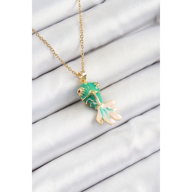 316L Çelik Zincir Yeşil Balık Model Gold Renk Kadın Kolye - TJ-BKO10323