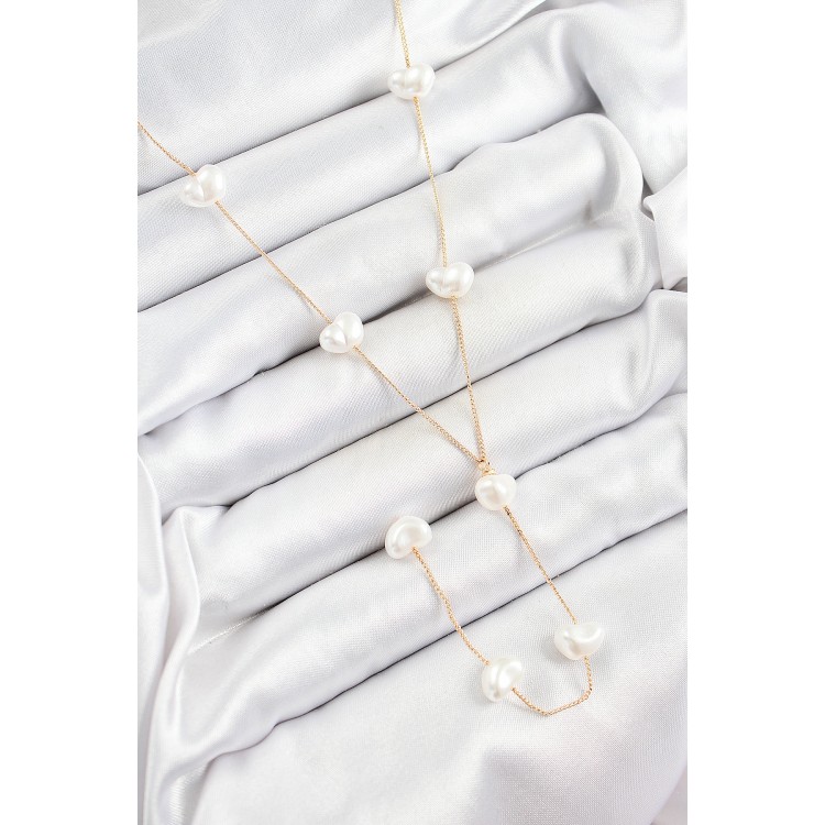 316L Çelik İncili Kalp Figürlü Y Model Gold Renk Kadın Kolye - TJ-BKO10335