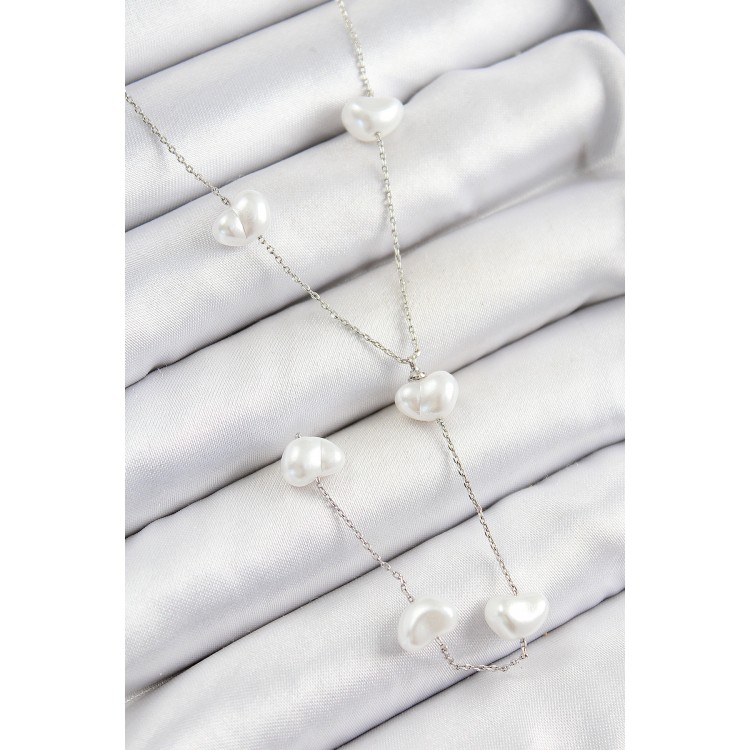 316L Çelik İncili Kalp Figürlü Y Model Gümüş Renk Kadın Kolye - TJ-BKO10336