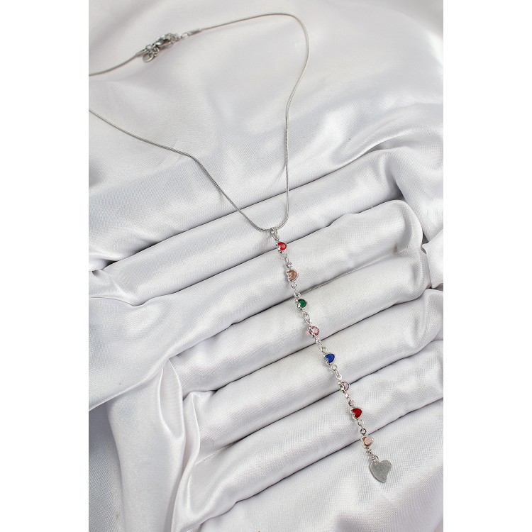 Pirinç Gümüş Renk Karışık Renk Zirkon Taşlı Kalpli Y Kadın Kolye - TJ-BKO10338