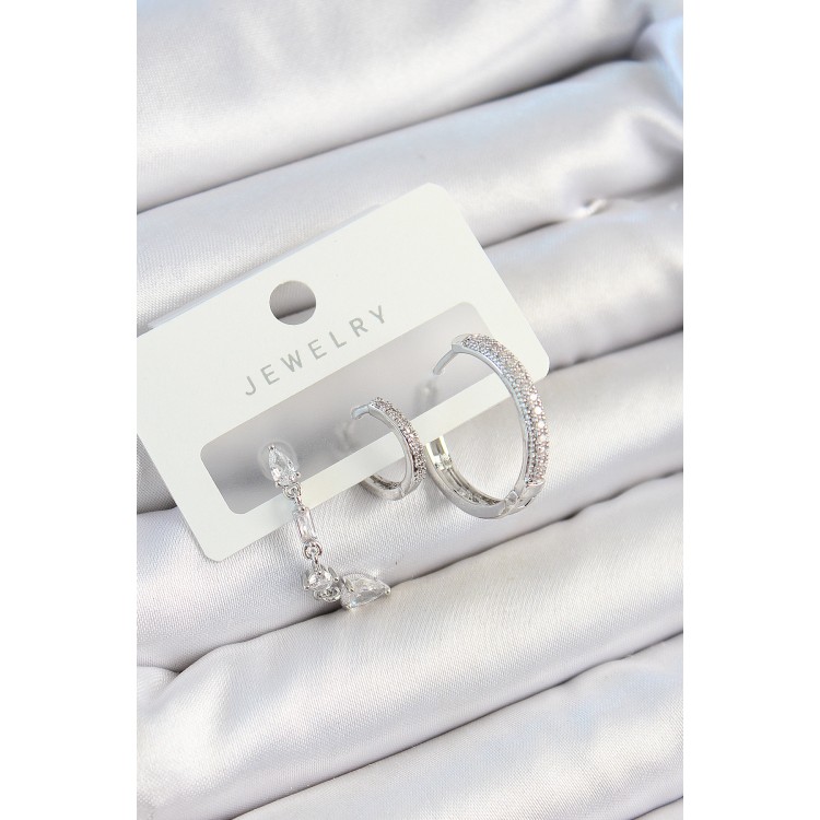 Pirinç Zirkon Taşlı Sallantılı Model Gümüş Renk 3'lü Çift Kadın Küpe Set - TJ-BKP10789