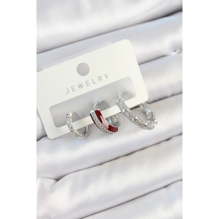 Pirinç Zirkon Taşlı Bordo Pembe Halka Model Gümüş Renk 3'lü Çift Kadın Küpe Set - TJ-BKP10791 Pirinç Zirkon Taşlı Bordo Pembe Halka Model Gümüş Renk 3'lü Çift Kadın Küpe Set - TJ-BKP10791