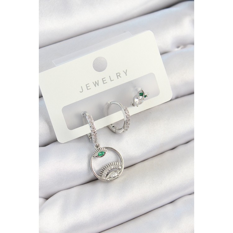 Pirinç Zirkon Taşlı Göz Ve Baykuş Model Gümüş Renk 3'lü Çift Kadın Küpe Set - TJ-BKP10795