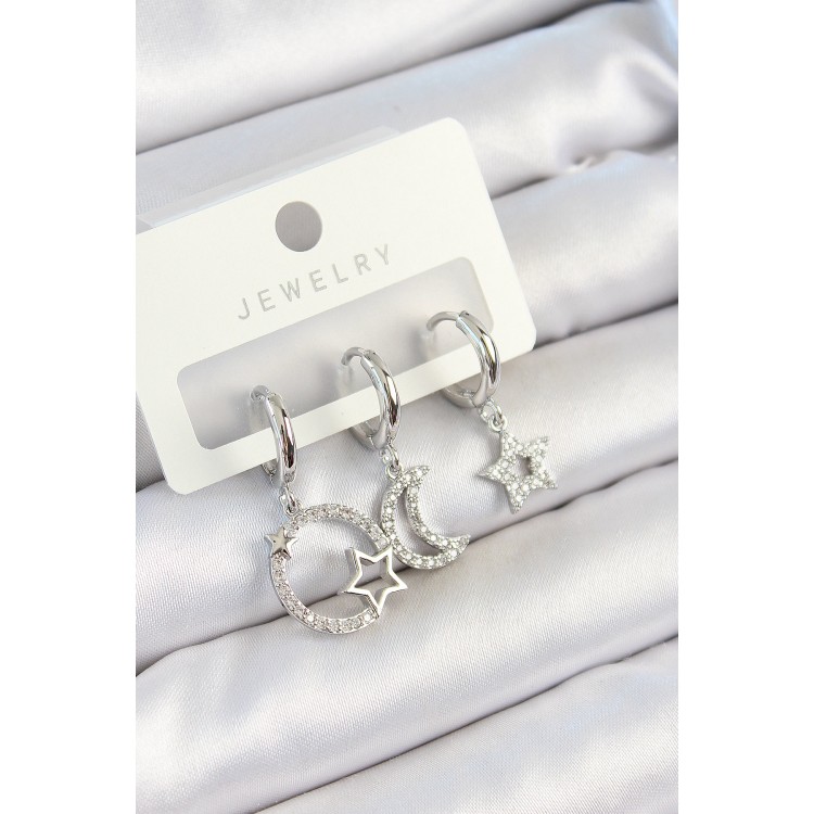 Pirinç Zirkon Taşlı Ay Ve Yıldız Model Gümüş Renk 3'lü Çift Kadın Küpe Set - TJ-BKP10797 Pirinç Zirkon Taşlı Ay Ve Yıldız Model Gümüş Renk 3'lü Çift Kadın Küpe Set - TJ-BKP10797