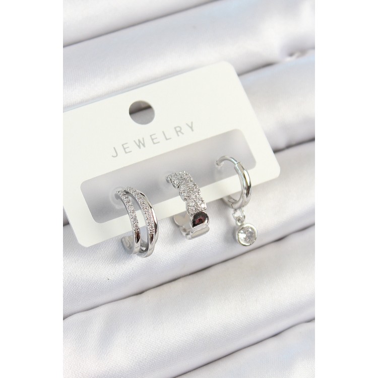 Pirinç Zirkon Taşlı Halka Model Gümüş Renk 3'lü Çift Kadın Küpe Set - TJ-BKP10800