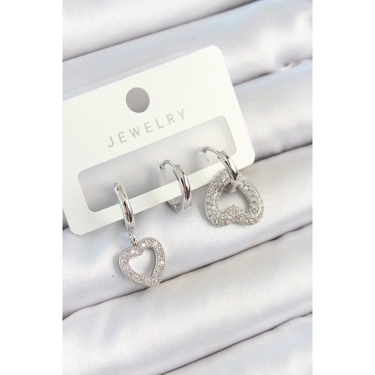 Pirinç Zirkon Taşlı Kalp Model Gümüş Renk 3'lü Çift Kadın Küpe Set - TJ-BKP10801