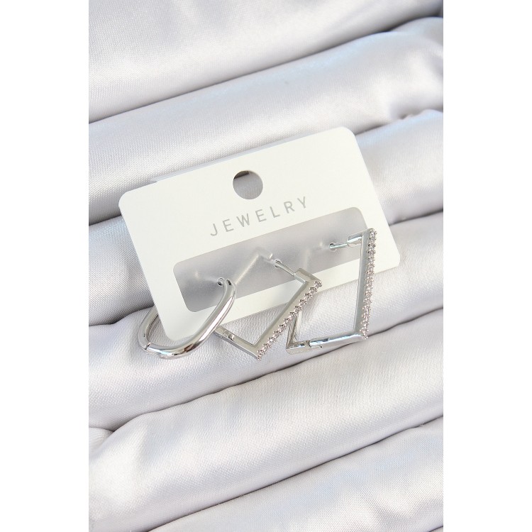 Pirinç Zirkon Taşlı Dikdörtgen Model Gümüş Renk 3'lü Çift Kadın Küpe Set - TJ-BKP10802