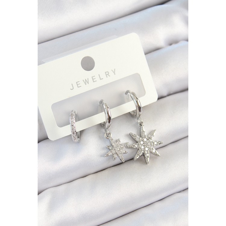 Pirinç Zirkon Taşlı Kutup Yıldızı Model Gümüş Renk 3'lü Çift Kadın Küpe Set - TJ-BKP10803