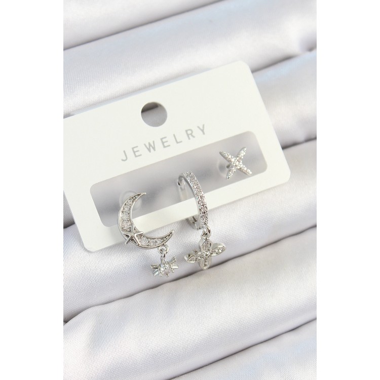 Pirinç Zirkon Taşlı Çiçek Ve Ay Model Gümüş Renk 3'lü Çift Kadın Küpe Set - TJ-BKP10804 Pirinç Zirkon Taşlı Çiçek Ve Ay Model Gümüş Renk 3'lü Çift Kadın Küpe Set - TJ-BKP10804