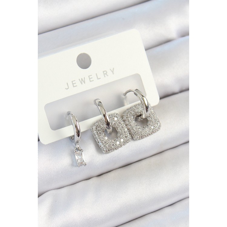 Pirinç Zirkon Taşlı Kare Model Gümüş Renk 3'lü Çift Kadın Küpe Set - TJ-BKP10806