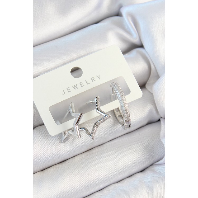 Pirinç Zirkon Taşlı Yıldız Ve Halka Model Gümüş Renk 3'lü Çift Kadın Küpe Set - TJ-BKP10808