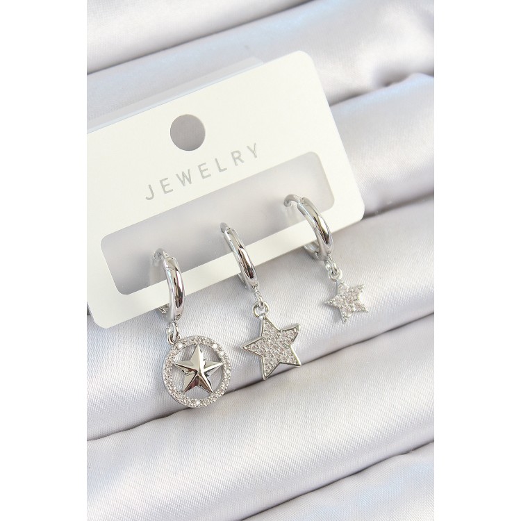 Pirinç Zirkon Taşlı Yıldız Model Gümüş Renk 3'lü Çift Kadın Küpe Set - TJ-BKP10809