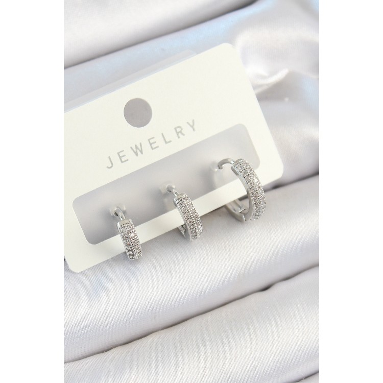 Pirinç Zirkon Taşlı Halka Model Gümüş Renk 3'lü Çift Kadın Küpe Set - TJ-BKP10812