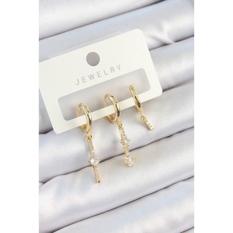 Pirinç Zirkon Taşlı Sallantılı Model Gold Renk 3'lü Çift Kadın Küpe Set - TJ-BKP10815