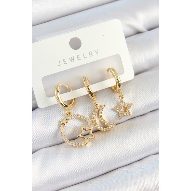 Pirinç Zirkon Taşlı Yıldız Ve Ay Model Gold Renk 3'lü Çift Kadın Küpe Set - TJ-BKP10819