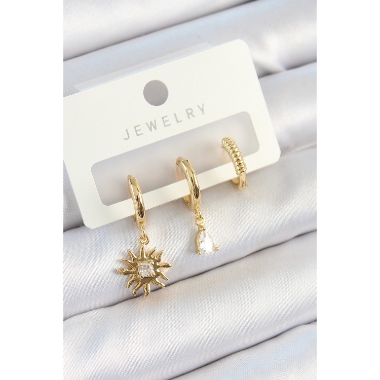 Pirinç Zirkon Taşlı Güneş Model Gold Renk 3'lü Çift Kadın Küpe Set - TJ-BKP10824