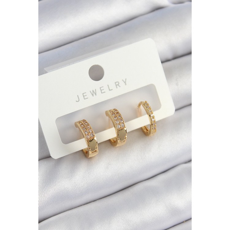 Pirinç Zirkon Taşlı Halka Model Gold Renk 3'lü Çift Kadın Küpe Set - TJ-BKP10838