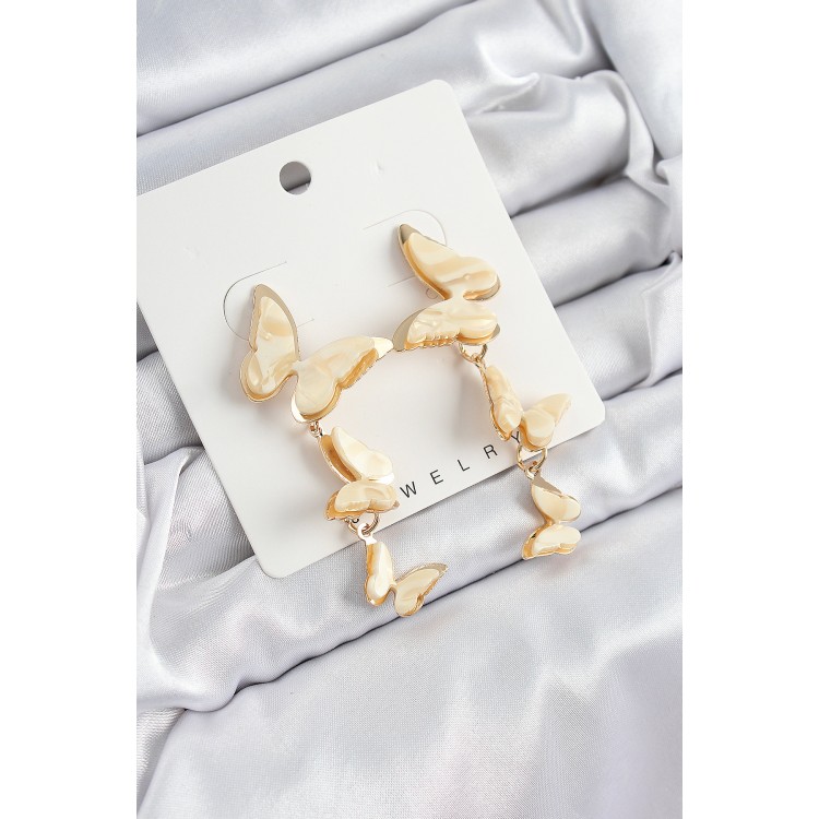 Pirinç Sedef Sallantılı Mermer Desenli Kelebek Model Gold Renk Vintage Kadın Küpe - TJ-BKP10871