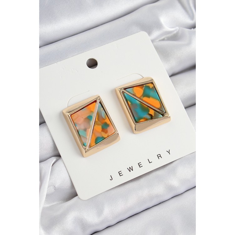 Pirinç Turuncu Yeşil Üçgen Kesim Detaylı Kare Model Vintage Gold Renk Kadın Küpe - TJ-BKP10872 Pirinç Turuncu Yeşil Üçgen Kesim Detaylı Kare Model Vintage Gold Renk Kadın Küpe - TJ-BKP10872