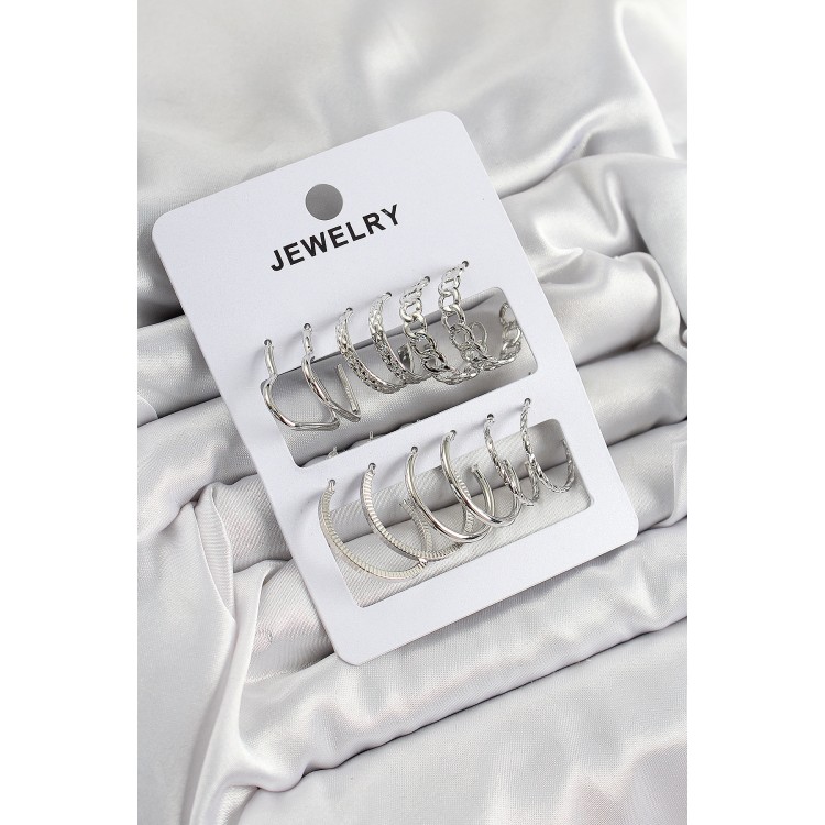 Pirinç Karışık Halka Model Gümüş Renk 6 Çift Kadın Küpe Set - TJ-BKP10876 Pirinç Karışık Halka Model Gümüş Renk 6 Çift Kadın Küpe Set - TJ-BKP10876