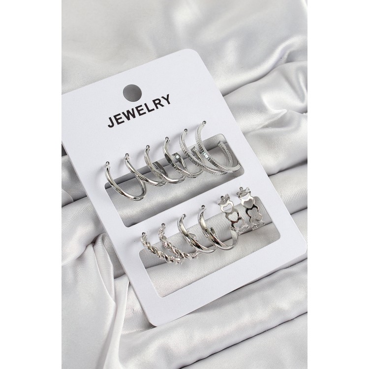 Pirinç Karışık Halka Model Gümüş Renk 6 Çift Kadın Küpe Set - TJ-BKP10877 Pirinç Karışık Halka Model Gümüş Renk 6 Çift Kadın Küpe Set - TJ-BKP10877