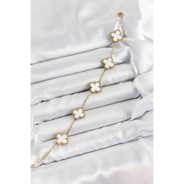 316L Çelik Beyaz Sedef Yonca Model Gold Renk Kadın Bileklik - TJ-BB7364