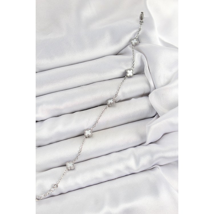 316L Çelik Beyaz Sedef Yonca Model Gümüş Renk Kadın Bileklik - TJ-BB7361