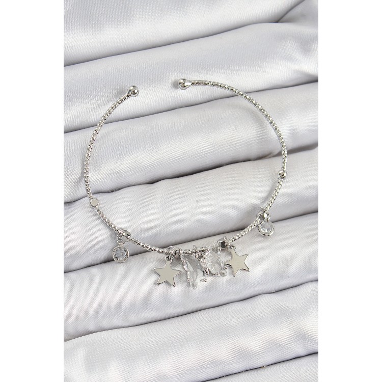Pirinç Zirkon Taşlı Kelebek Ve Yıldız Model Gümüş Renk Charm Bileklik - TJ-BB7345