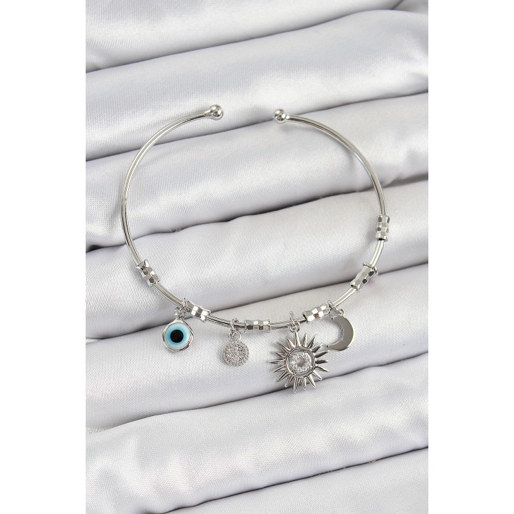 Pirinç Zirkon Taşlı Güneş Ay Ve Nazar Model Gümüş Renk Charm Bileklik - TJ-BB7346
