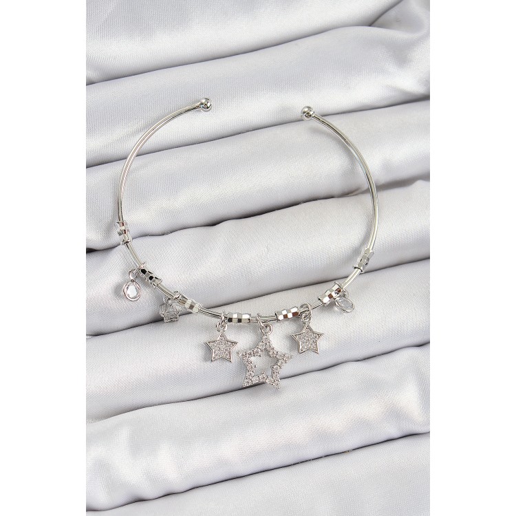 Pirinç Zirkon Taşlı Yıldız Model Gümüş Renk Charm Bileklik - TJ-BB7347