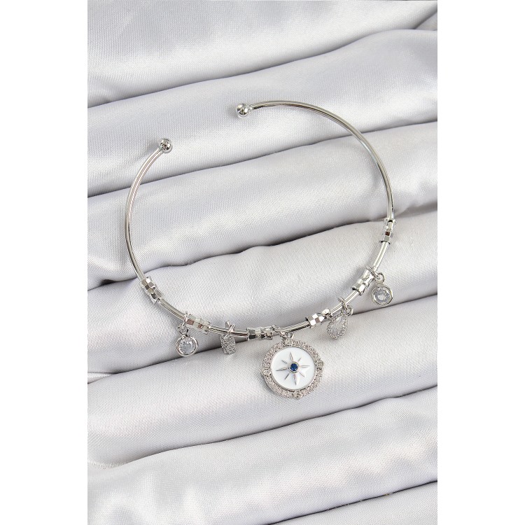 Pirinç Zirkon Taşlı Pusula Model Gümüş Renk Charm Bileklik - TJ-BB7349