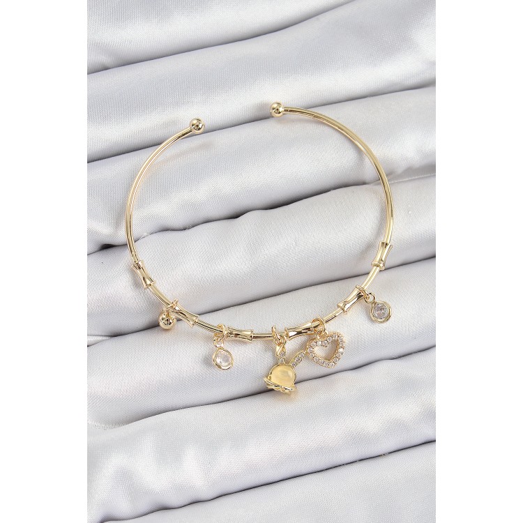 Pirinç Zirkon Taşlı Tavşan Ve Kalp Model Gold Renk Charm Bileklik - TJ-BB7357