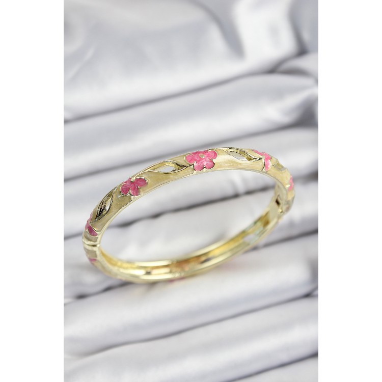 Mineli Pirinç Pembe Ve Hardal Çiçek Motifli Gold Renk Kadın Kelepçe - TJ-BB7369 Mineli Pirinç Pembe Ve Hardal Çiçek Motifli Gold Renk Kadın Kelepçe - TJ-BB7369